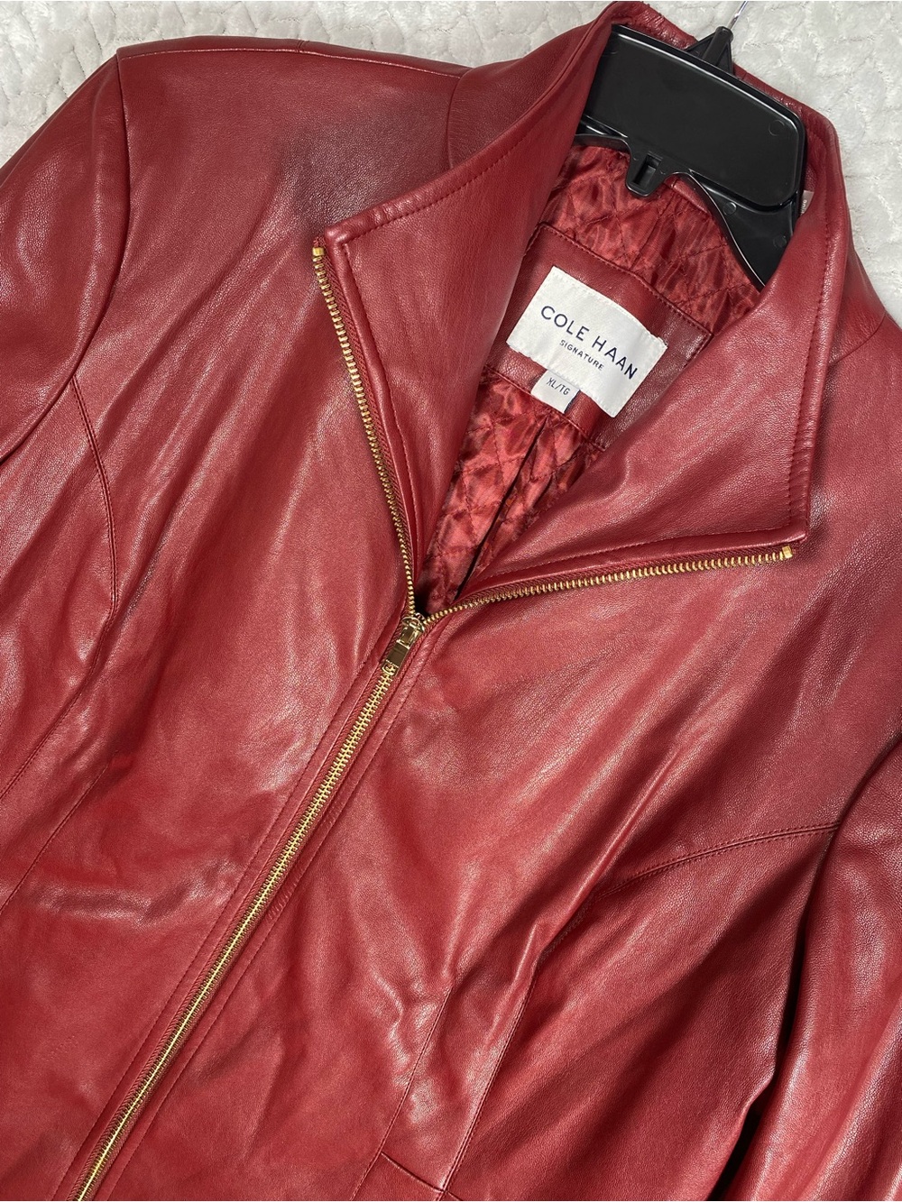 Cole Haan Signature Womens XL Red Leather Jacket Full Zip Wing Stand Collar Flaw
